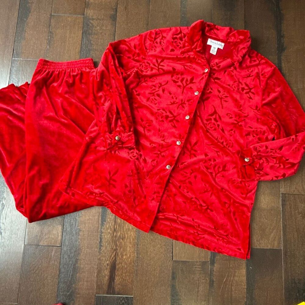 Vintage Diane Von Furstenberg velour pajama set women's size 1XL red burnout